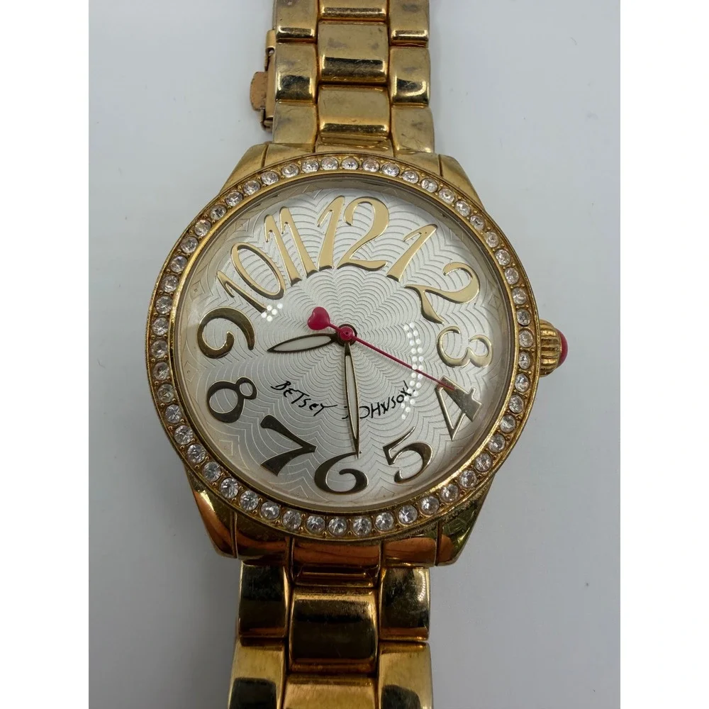Betsey Johnson Gold Tone Crystal Bezel Watch‎ BJ00048-101 Heart Second Hand